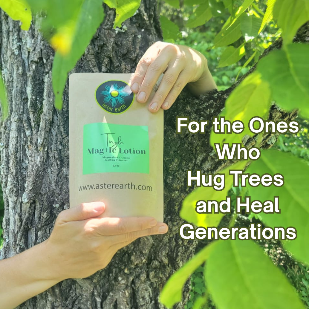Hand holding a bottle of 'Magic Lotion' against a tree with text 'For the Ones Who Hug Trees and Heal Generations'.