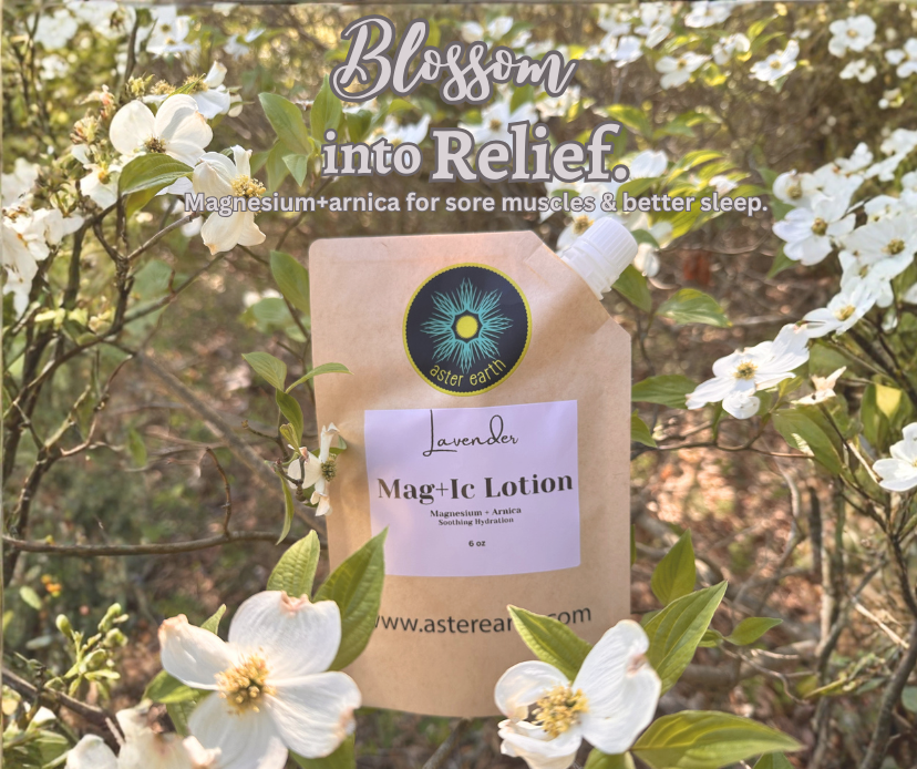 Pouch labeled 'Blossom into Relief' with a floral background